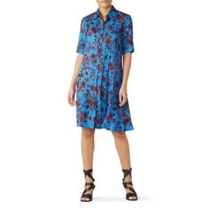 Derek Lam Blue & Red Floral Print Button Front A-Line Shirt Dress Size 4